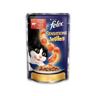Вологий корм для кішок Purina Felix Sensations Jellies в желе з яловичиною та томатами 100 г (7613035469624)