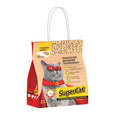 Наповнювач для туалету Super Cat Деревний грудкувальний 2.1 кг (3 л) + совочок у подарунок (3555)