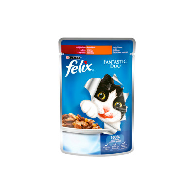 Вологий корм для кішок Purina Felix Fantastic Duo шматочки в желе з індичкою і печінкою 100 г (7613036923200)