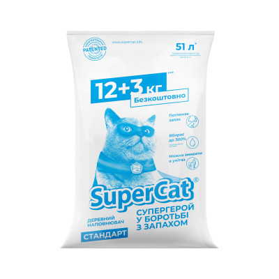 Наповнювач для туалету Super Cat Стандарт Деревний вбирний 12+3 кг (26 л) (5159)