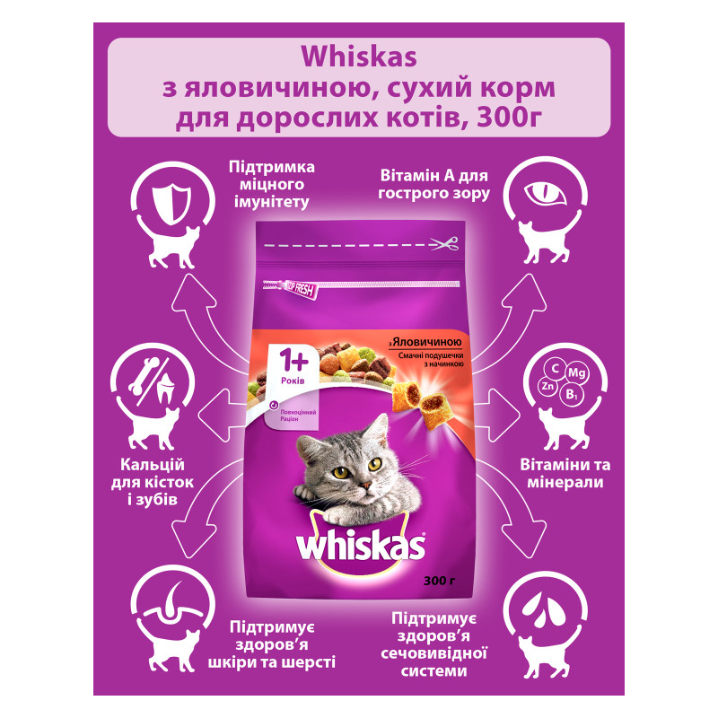 Сухий корм для кішок Whiskas з яловичиною 300 г (5998749144114/5900951014031)