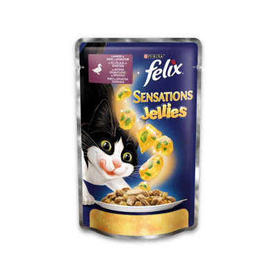 Вологий корм для кішок Purina Felix Sensations Jellies в желе з качкою і шпинатом 100 г (7613035469662)