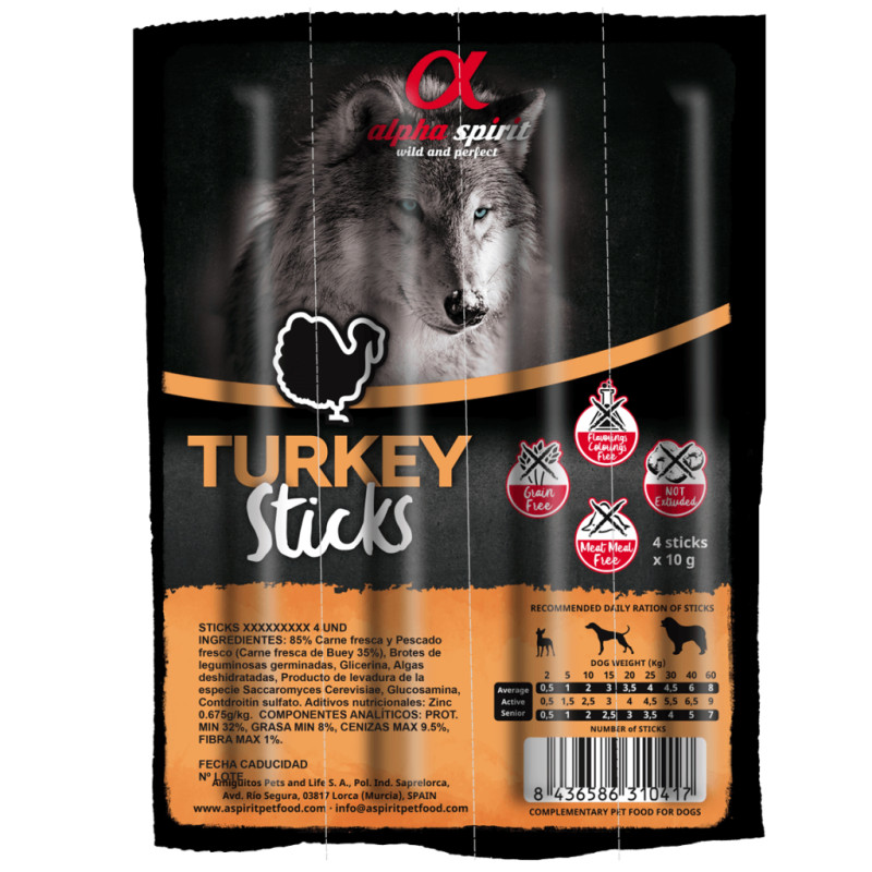 Ласощі для собак Alpha Spirit DOG Sticks Turkey напіввологі з індички, палички 40 г (8436586310417)